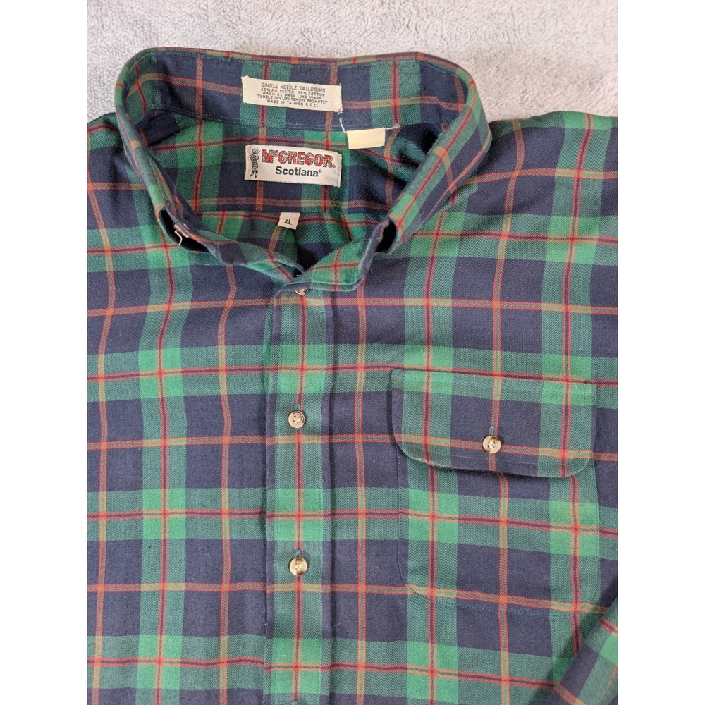 McGregor Scotlana Mens XL Green Navy Plaid Button Down Shirt Single‎ Needle